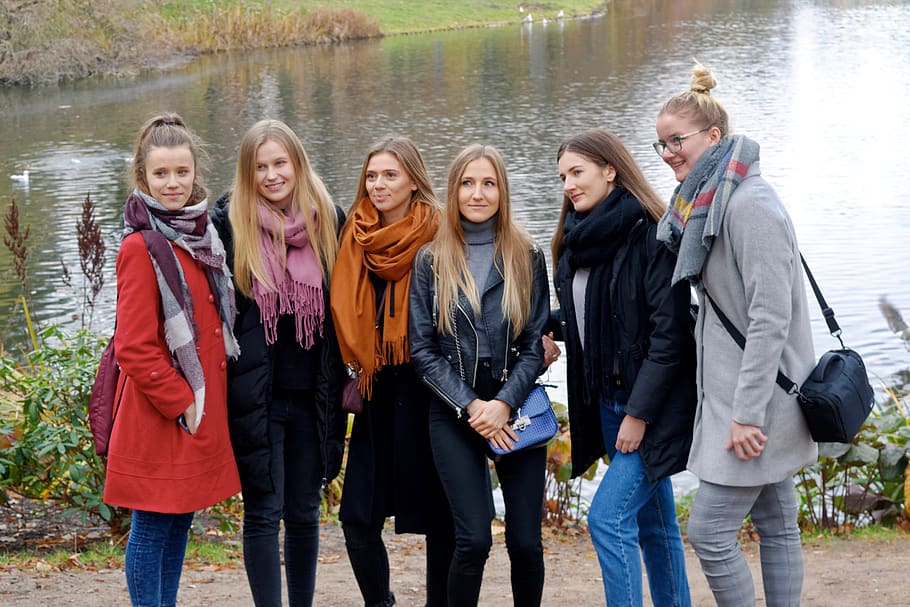 girls, young, people, female, group, posing, nature, park, lake, autumn