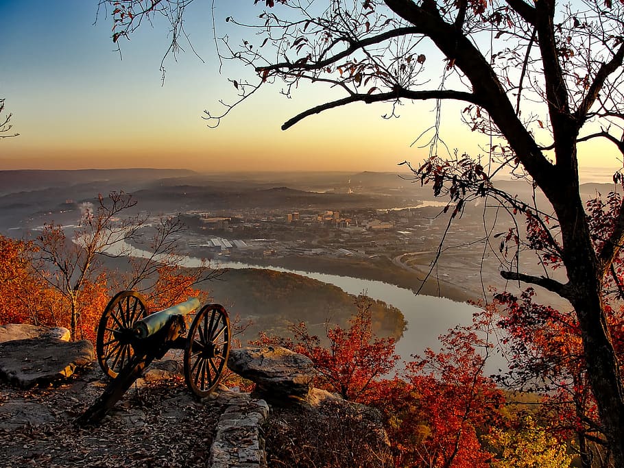 black, cannon, top, mountain, facing, city, chattanooga, tennessee, cities, urban
