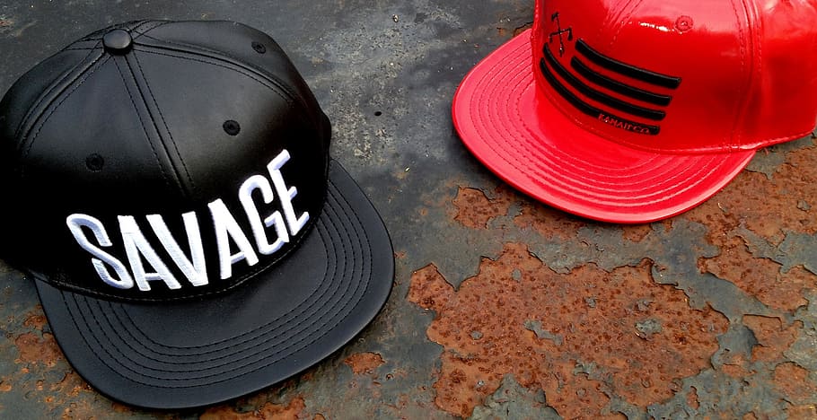 two, red, black, fitted, caps, gray, surface, hats, savage, warrior