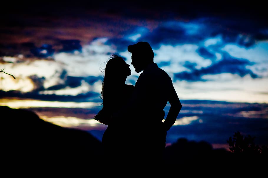 sky, couple, love, lovers, romance, romantic, silhouette, together, clouds, two people