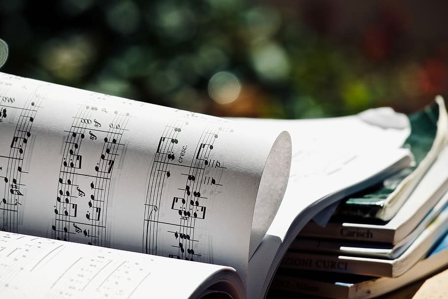 selective, focus photography, music notes, printed, book, score, music, musical notes, books, background