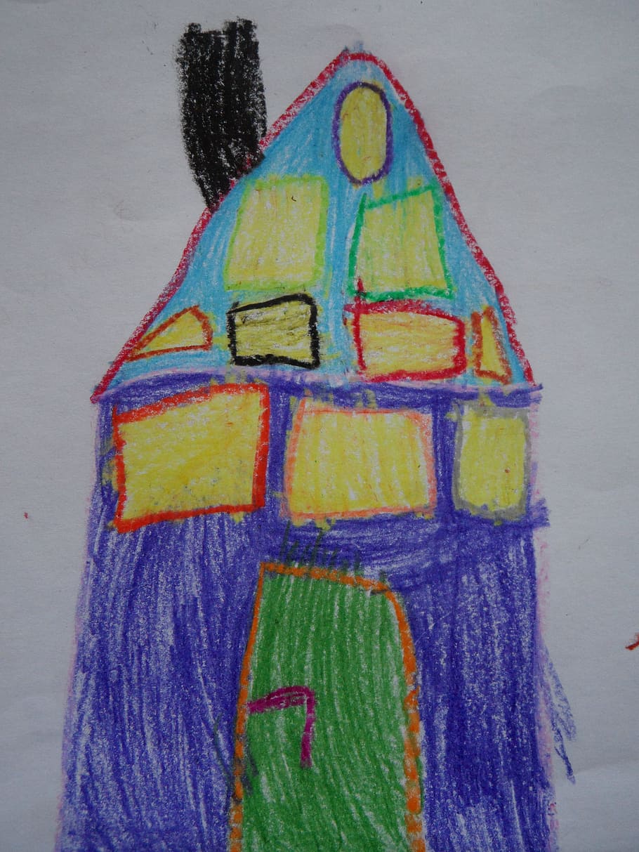 purple house drawing, home, children drawing, character development, building, colorful, window, childhood, child, children