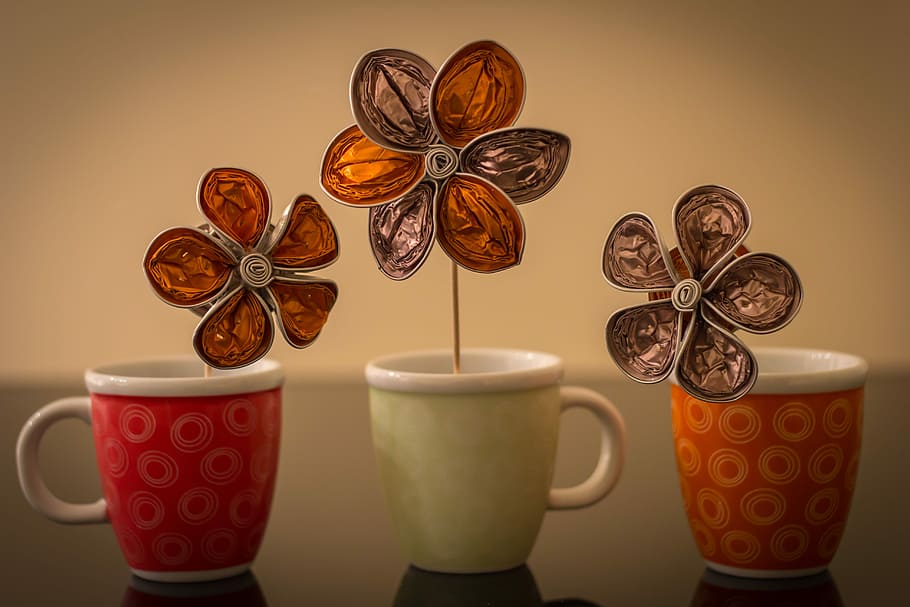 three, red-and-brown backdrop flowers, ceramic, mugs centerpiece, coffee, cup, drink, more hot, tea, espresso coffee