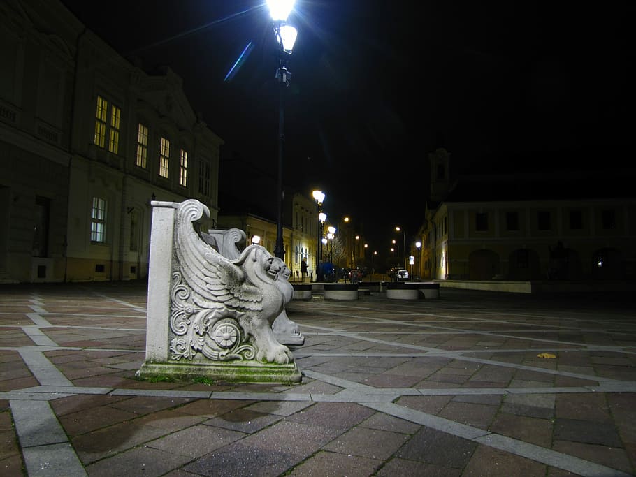 En The Evening, Pad, Square, Lamp, night picture, iluminación, city, nice, esztergom, night