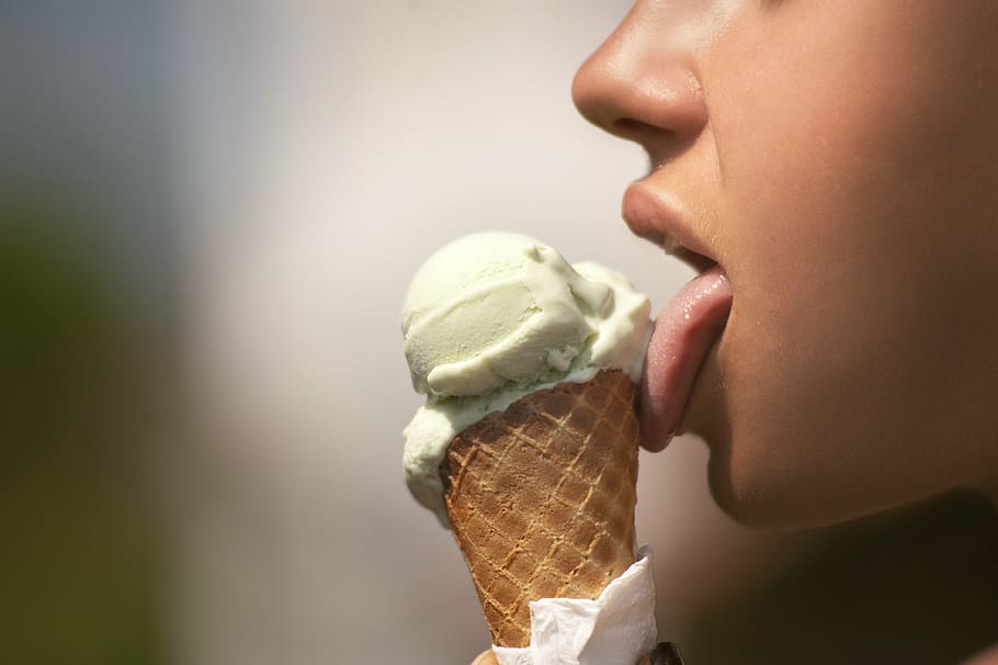 person, licking, ice cream, ice, cream, dessert, sweet, food, frozen, woman