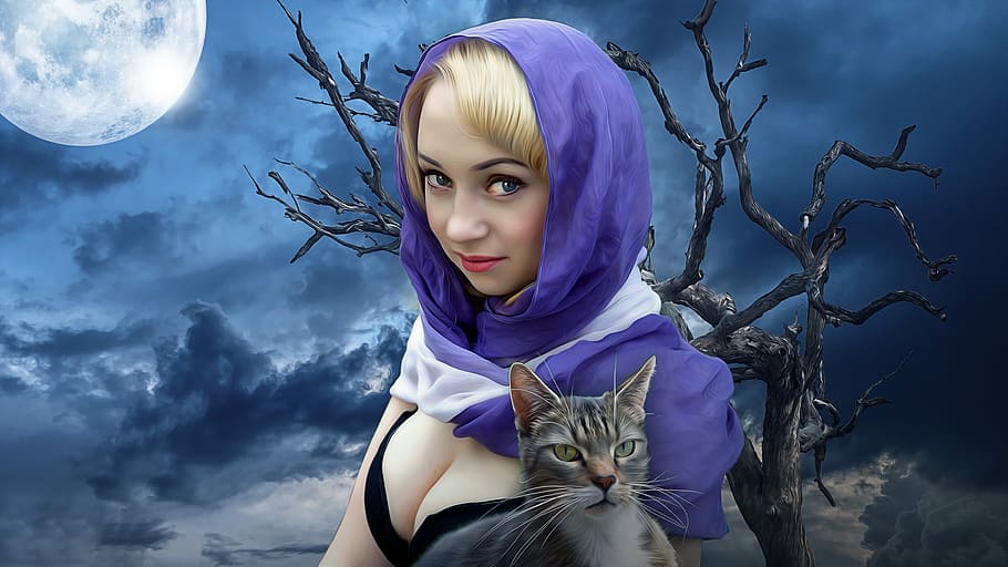 woman, wearing, purple, headscarf, witch, fantasy, gothic, girl, female, young