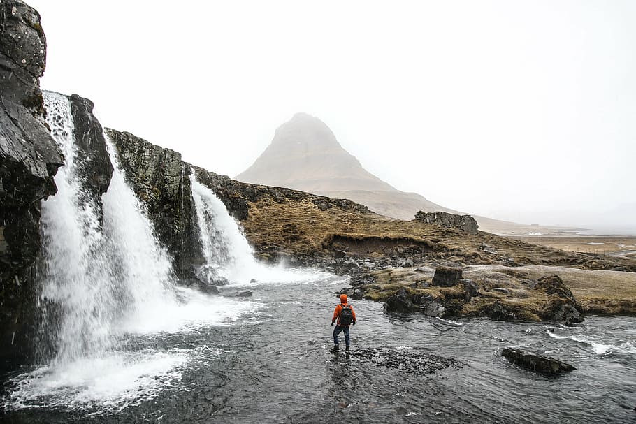 kirkjufell, アイスランド, 滝, 丘, 山, 高原, 風景, 水, 岩, 崖