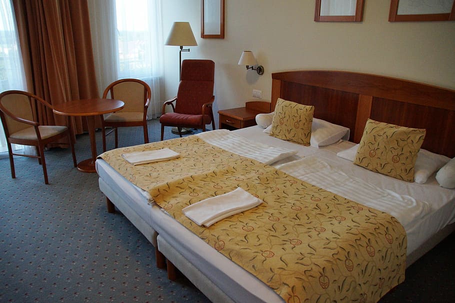 yellow, whote bedspread, armchairs, window, double bed, hotel, room, bed, sleep, furniture