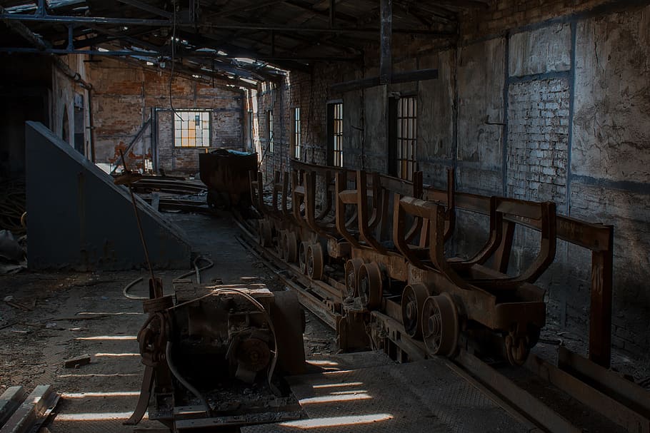 brown, steel mining train, railroad, mine, urbex, abandoned, wałbrzych, dirty, old, industry