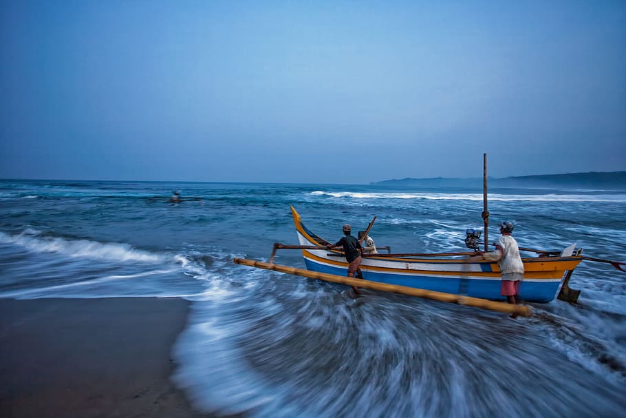 three, men, pushing, canoe, sea, daytime, Boat, Before Sunrise, Movement, whether