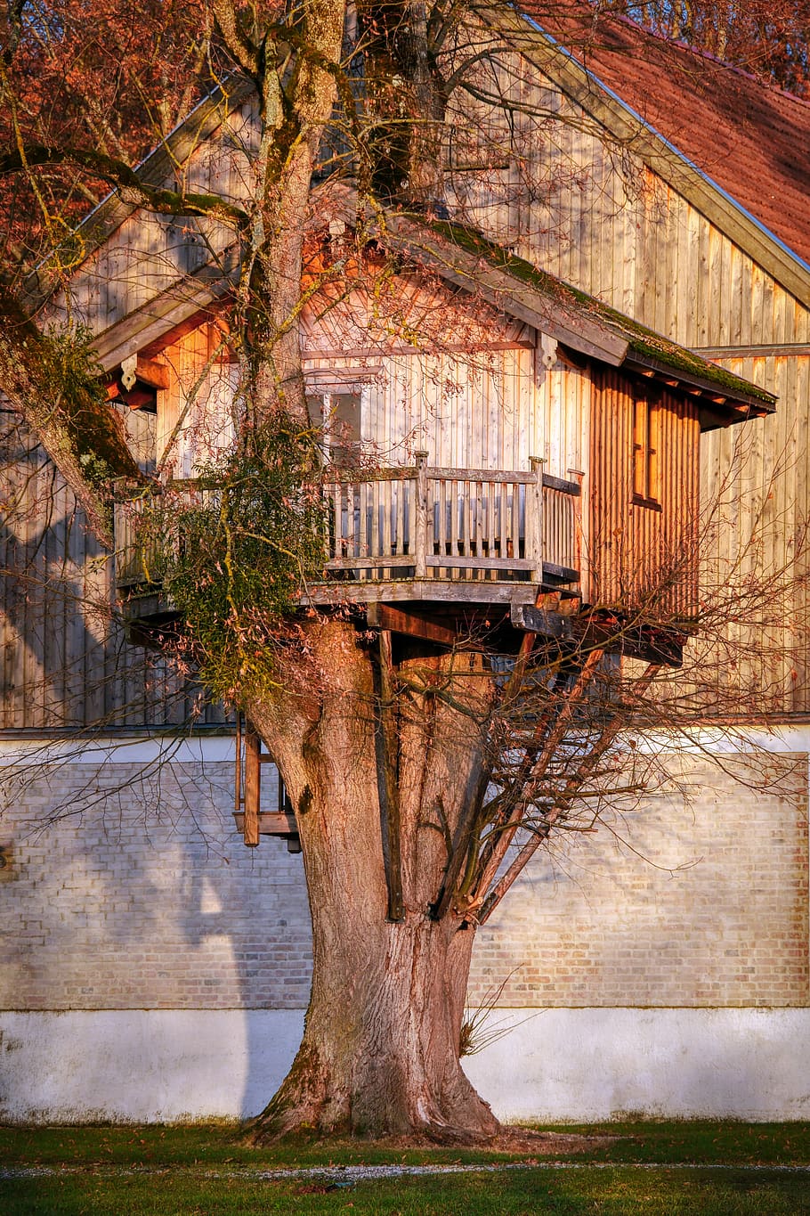 treehouse, log cabin, balcony, wood, bavaria, building, house, rustic, farmhouse, outlook