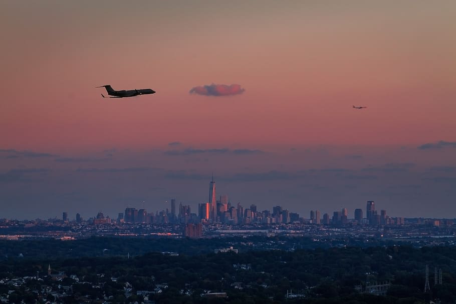 sky, sunset, airplane, dawn, panoramic, travel, evening, aircraft, horizontal plane, cityscape