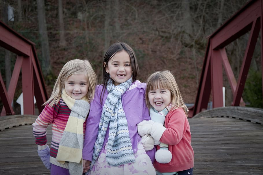 three, girls, posing, bridge, sisters, winter, scarves, sibling, childhood, outdoor