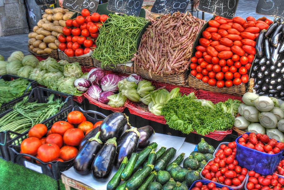assorted vegetables display, vegetables, market, tomatoes, cucumbers, potatoes, eggplant, lettuce, radicchio, fennel