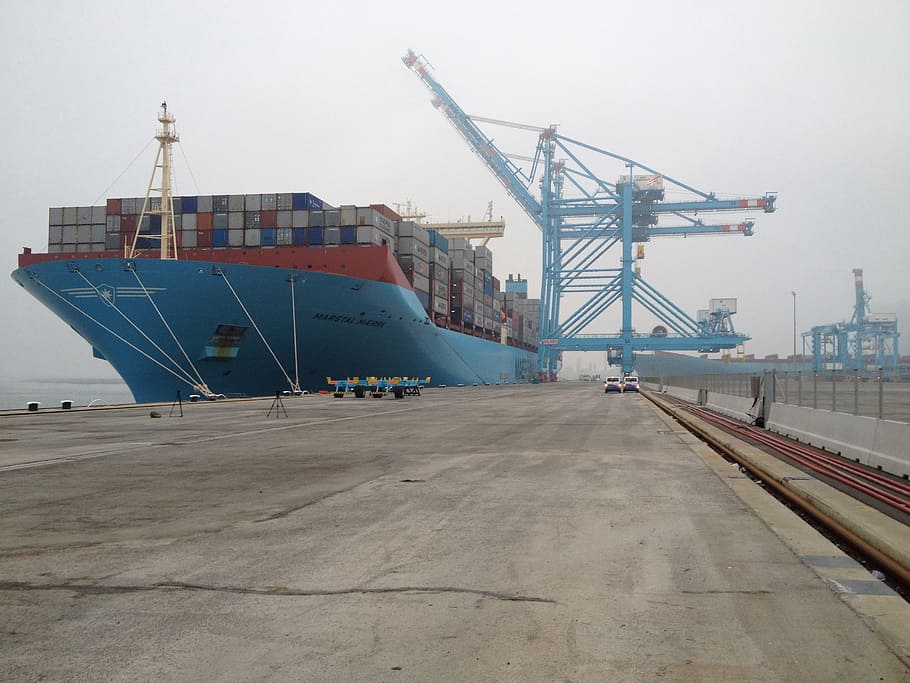 biru, kapal kontainer, berlabuh, pantai, mv2, maasvlakte, keran, transportasi, transportasi barang, pengiriman