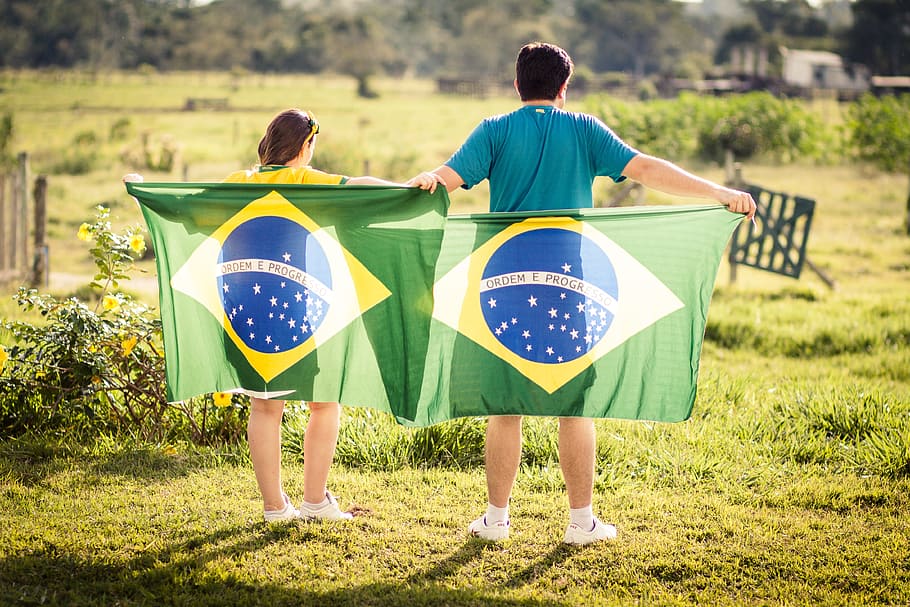 photography, boy, girl, holding, flag, outdoor, daytime, brazil, patriot, togetherness