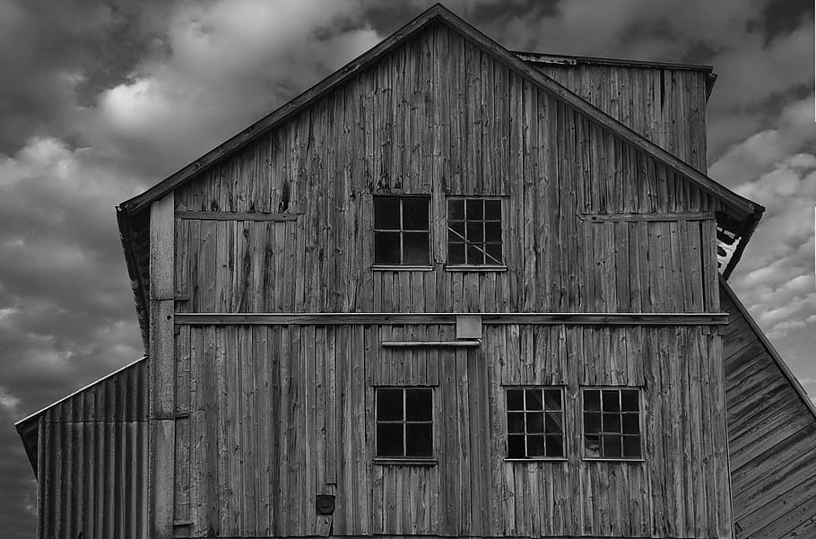 greyscale photo, wooden, house, home, vacation, building, hut, wood, black white, haunted house