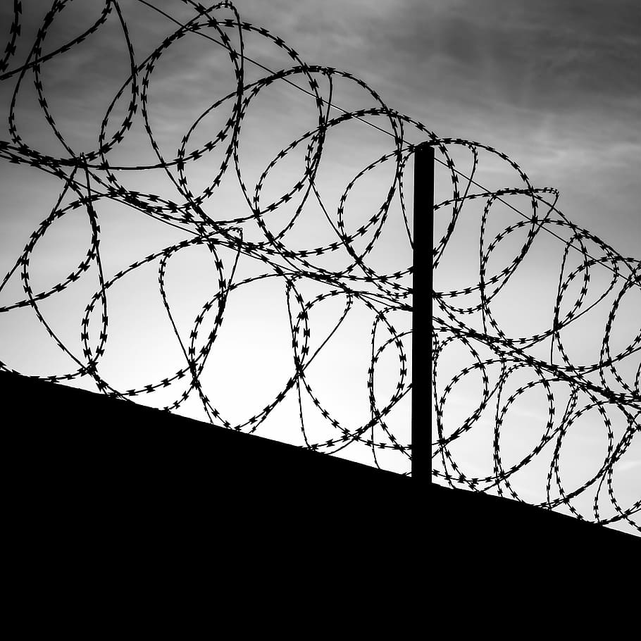 black, the night sky, barbed Wire, fence, prison, security, boundary, razor Wire, chainlink Fence, forbidden