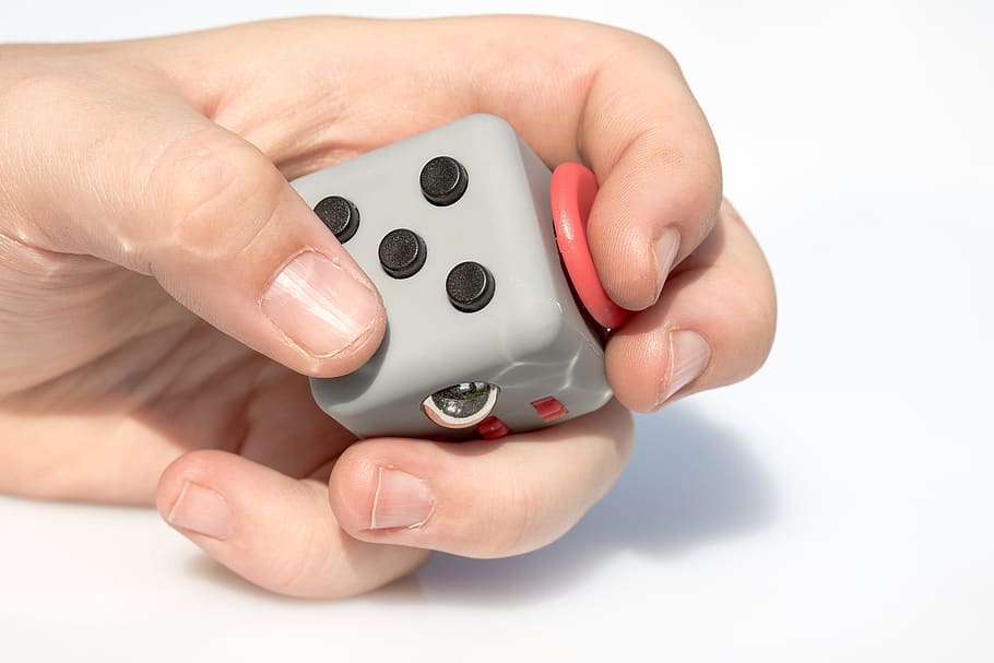 Fidget, Cube, Vinyl, Dice, Toys, fidget cube, vinyl dice, five buttons, three gears, clickable ball
