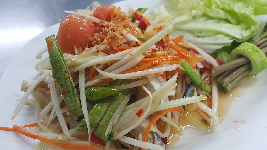 comida tailandesa, deliciosa, ensalada de papaya, picante, comida asiática, Alimentos, vegetales, alimentos y bebidas, alimentación saludable, bienestar