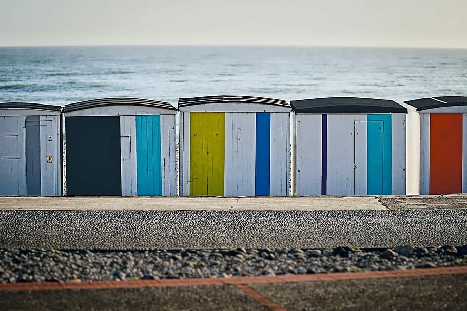 beach, changing cubicles, france, le havre, normandy, cubicle, summer, changing, vacation, cabin