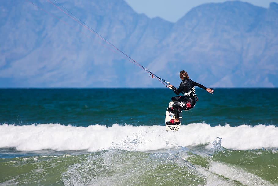 person, riding, wakeboard, action, board, cape town, false bay, kite, kite boarding, kite surfing