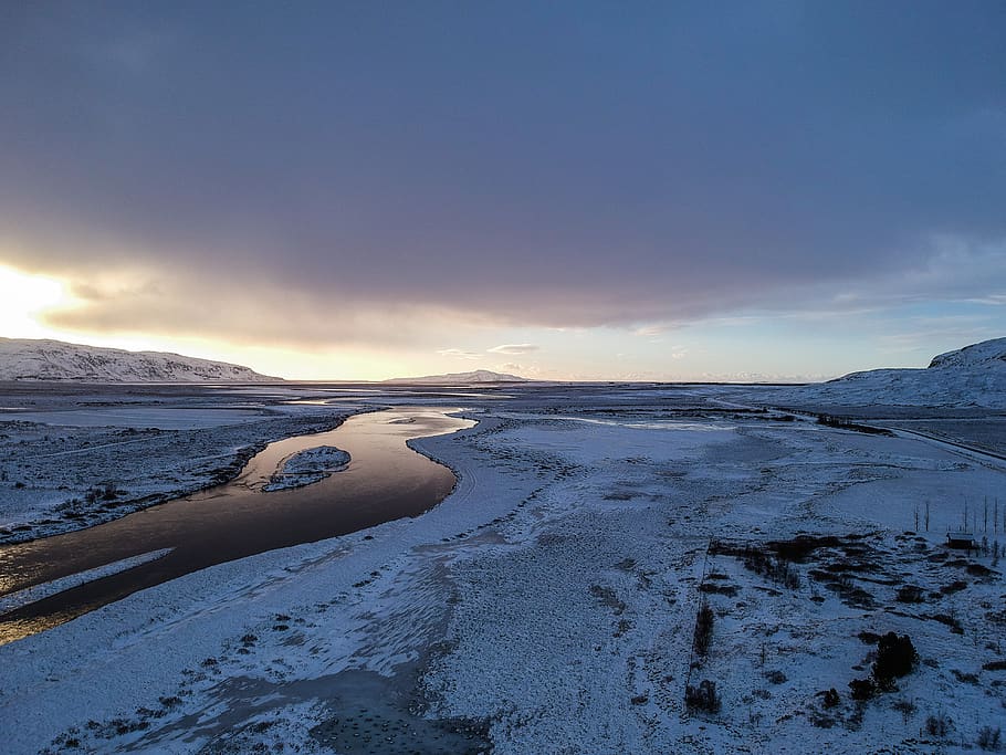 frio, inverno, rio, islândia, paisagem, céu, nuvens, neve, zing, congelado