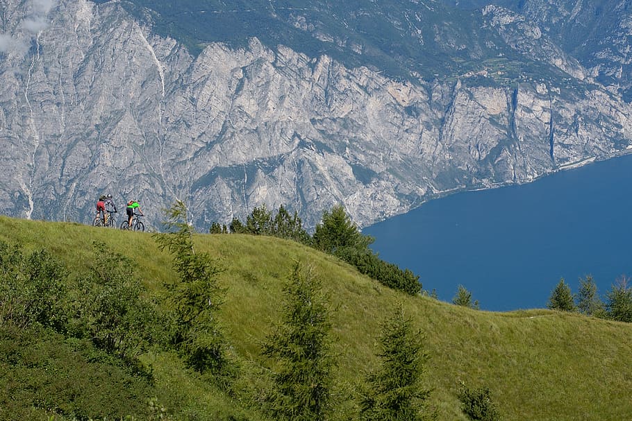 panoramic, people biking, cliff, garda, mountain bikers, lake, lago di garda, mountains, rock wall, summer