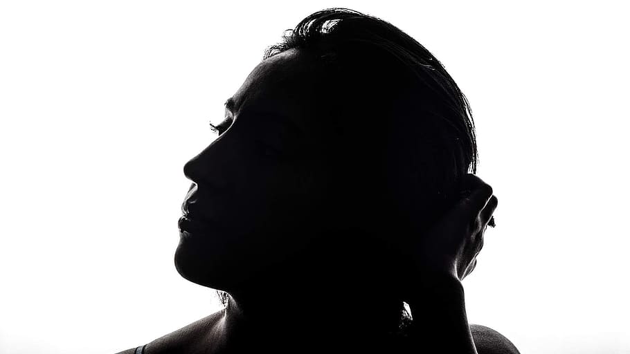 grayscale photo, woman, silhouette, portrait, women, profile, latin, white, black, headshot
