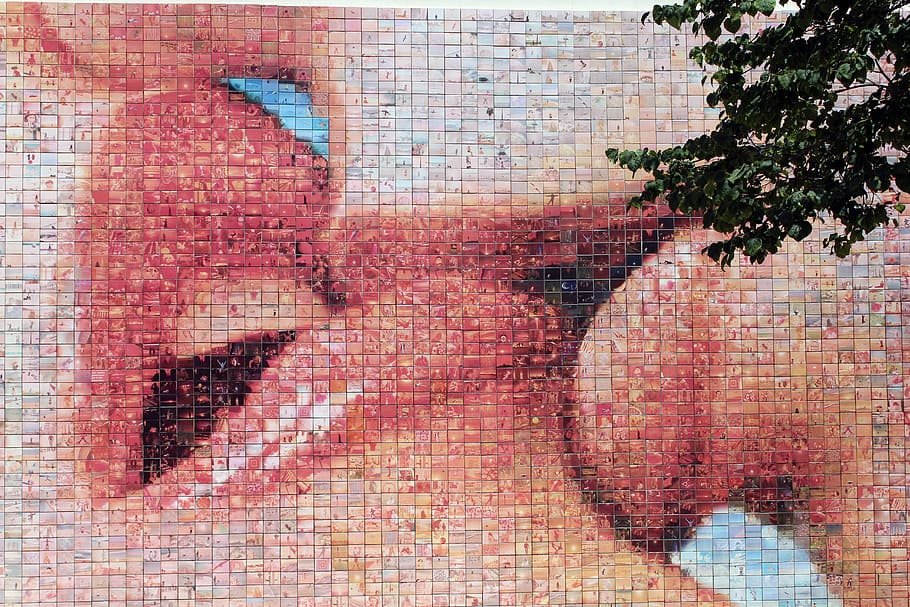 couple, kissing, mosaic artwork, street art, mosaic, kiss, lips, love, lovers, pair