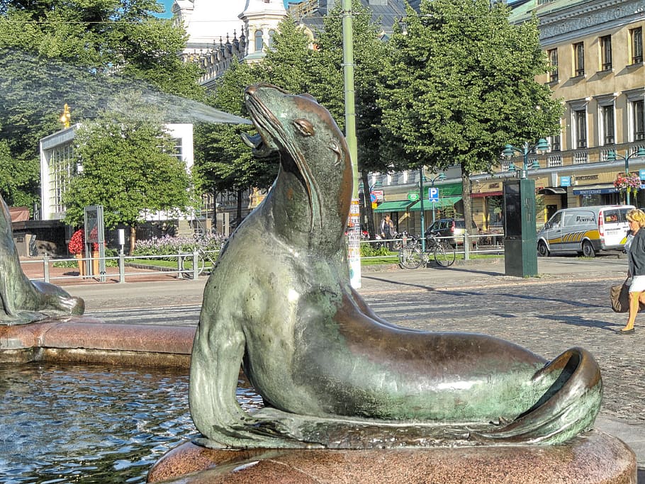 brown, green, concrete, sea lion fountain, Helsinki, Finland, Statue, Sculpture, sea lion, seal