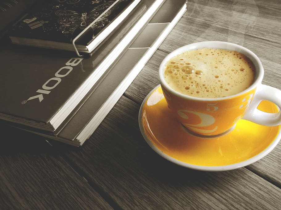 white, yellow, ceramic, cup, filled, coffee, book, coffe, notebook, break