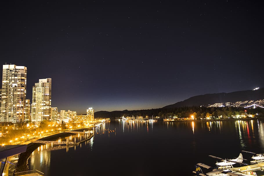 Vancouver, Night, Skyline, Canada, City, cityscape, waterfront, coastal, downtown, light