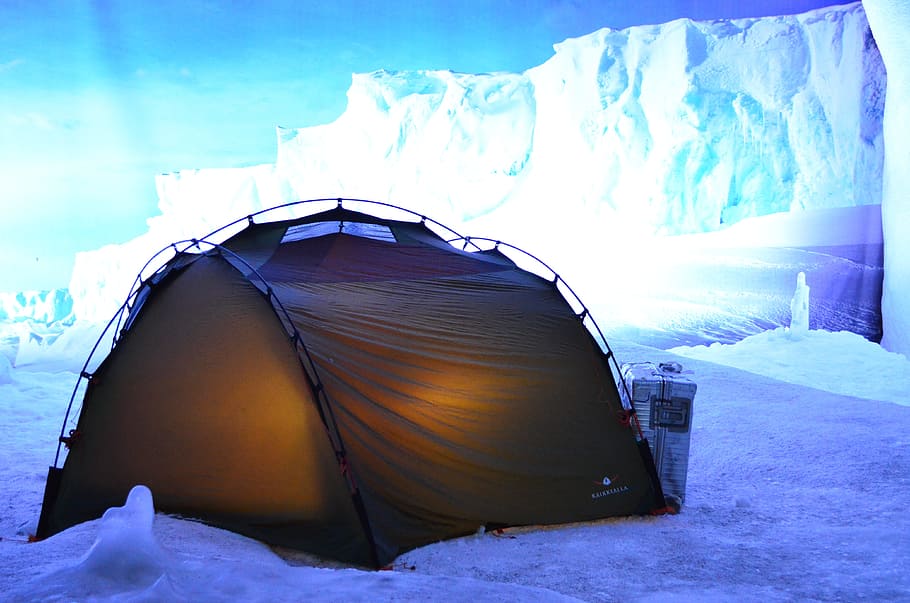 lighted, dome tent, snow mountain, daytime, tent, arctic, climatehouse, winter, icy, cold