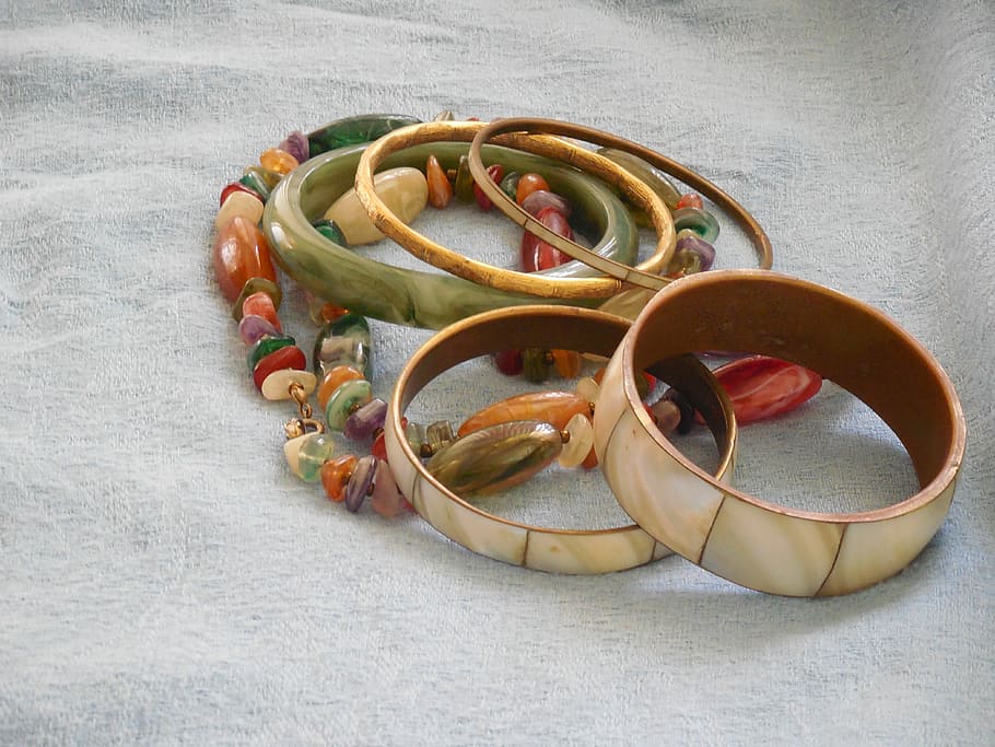 five, ceramic, bangles, multi-colored, beaded, necklace, gray, textile, colored, costume