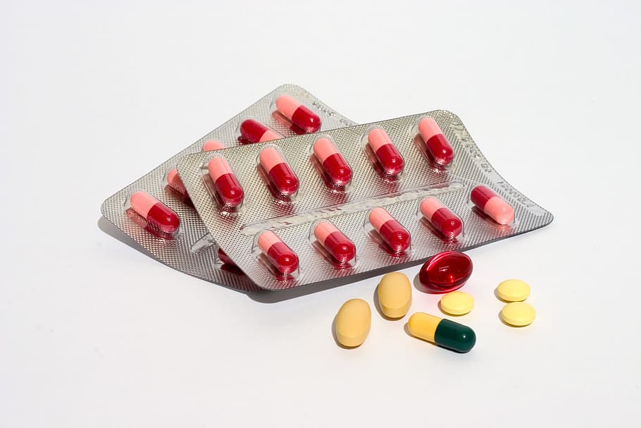 dos, rojo, pastillas de medicamentos, ampolla, cura, enfermedad, tabletas, medicamentos, la enfermedad, la píldora