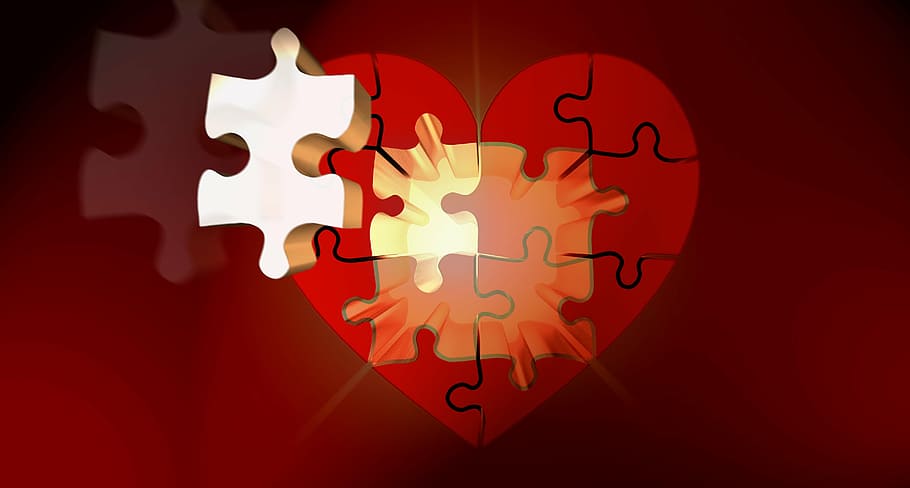 jantung, merah, putih, puzzle, permukaan, cahaya, keberuntungan, teka-teki, hubungan, keterhubungan