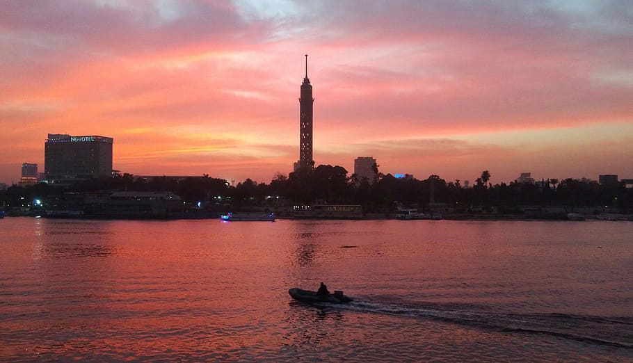 sunset, sky, river, nile, cairo, egypt, architecture, built structure, building exterior, water