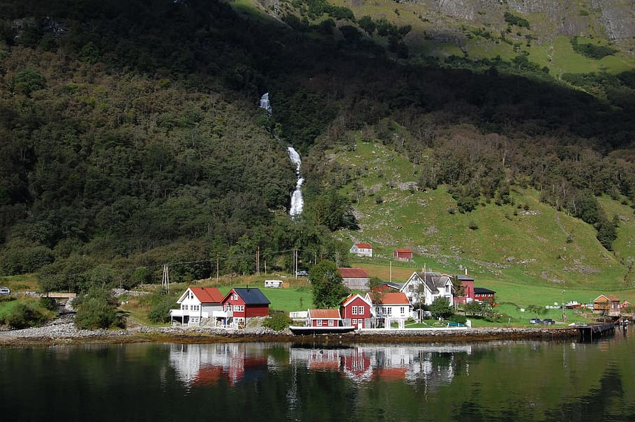 houses, body, water, norway, fjord, waterfall, scandinavia, landscape, boats, scenic