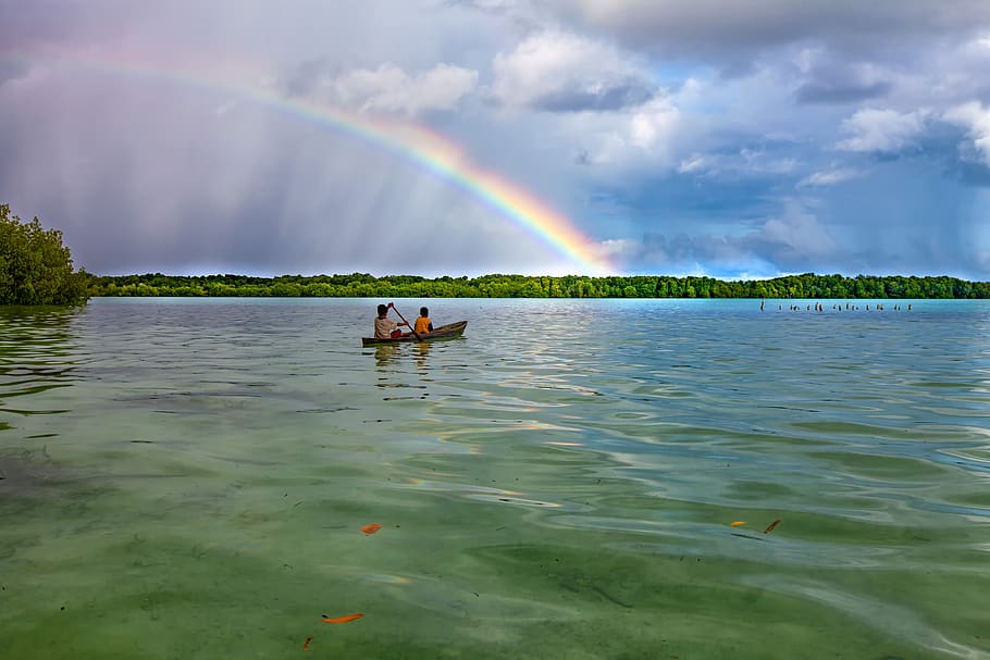 landscape, tropical, lagoon, rainbow, weather, after the rain, dugout canoe, children, widi islands, indonesia