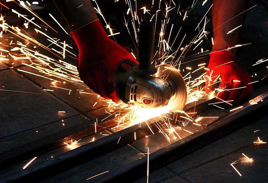 person, using, angle grinder, steel frame, daniel, metal, red, workshop, iron neck eğişi, motion