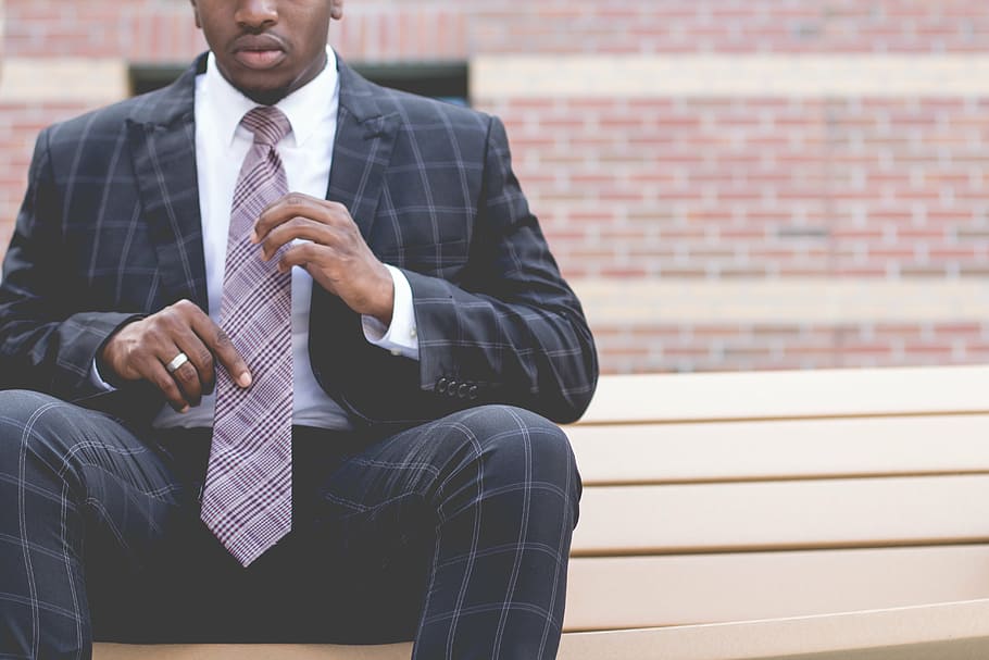 man, wearing, black-and-gray, formal, suit, sitting, brown, wodoen bench, blazer, guy