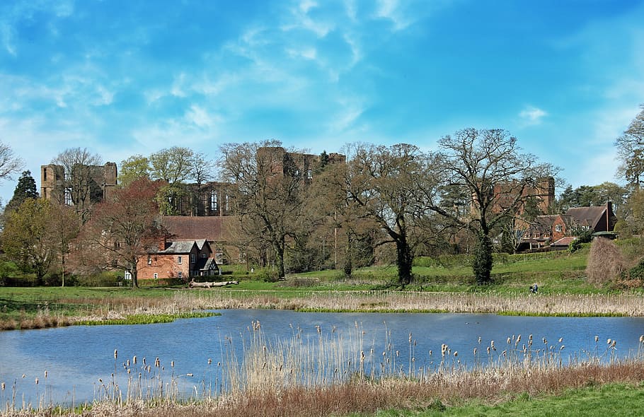 body, water, trees, grass, castle, kenilworth, kenilworth castle, old, medieval, england