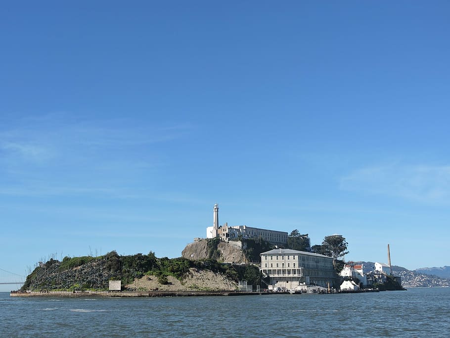alcatraz, the rock, prison, sky, water, built structure, architecture, building exterior, blue, waterfront
