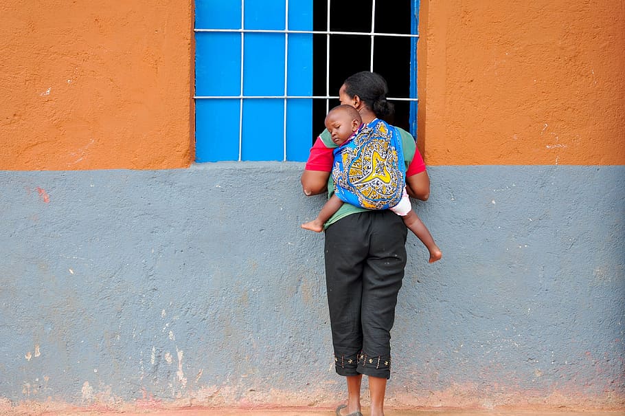 woman, standing, window, carrying, boy, back, mother, child, piggyback, africa