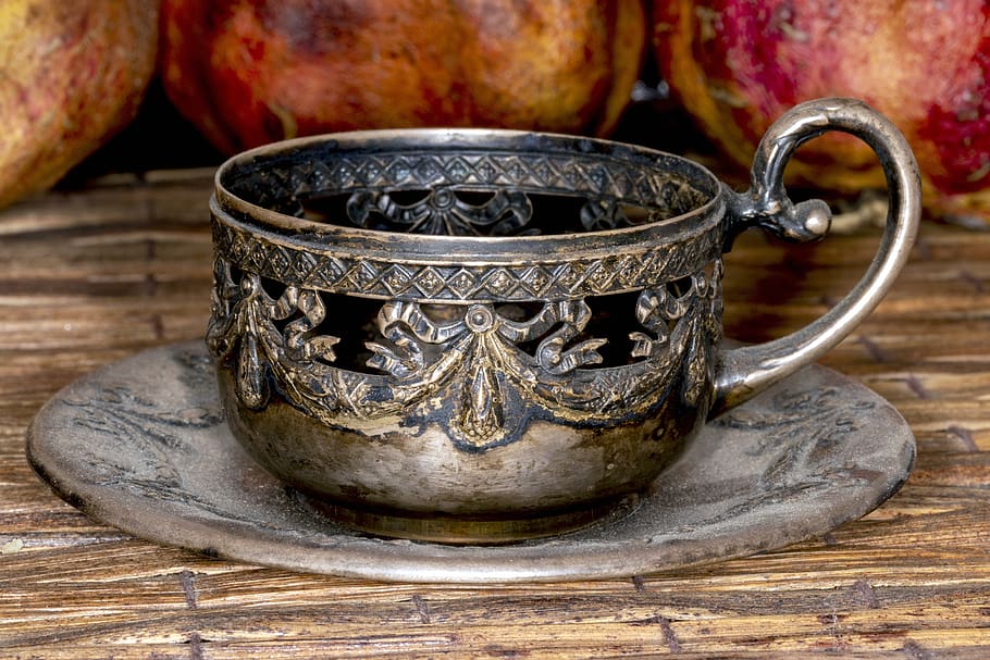 cup, silver, beautiful, artwork, a work of art, close-up, metal, art and craft, antique, table