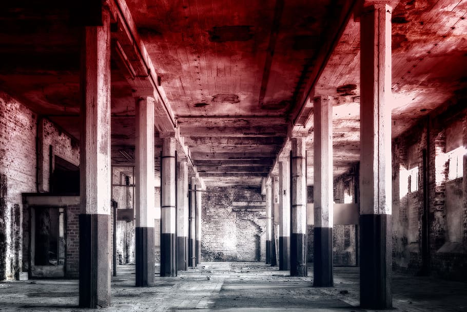 grayscale photography, empty, building, redscale, hall, interior, lost places, underground, horror, atmosphere