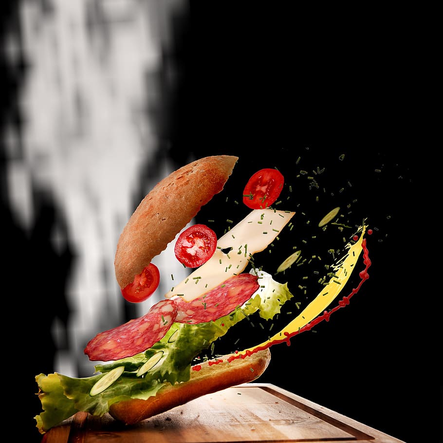 cheese hamburger, sandwich, flying food, movement, food, roll, snack, colorful, healthy, delicious