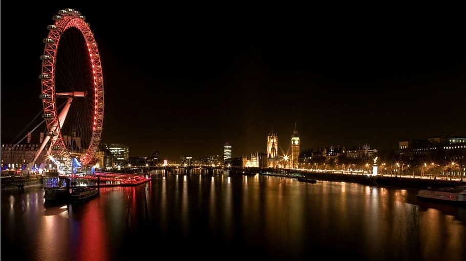 london eye, reflections, night, london, big ben, parliament, lights, city, england, uk
