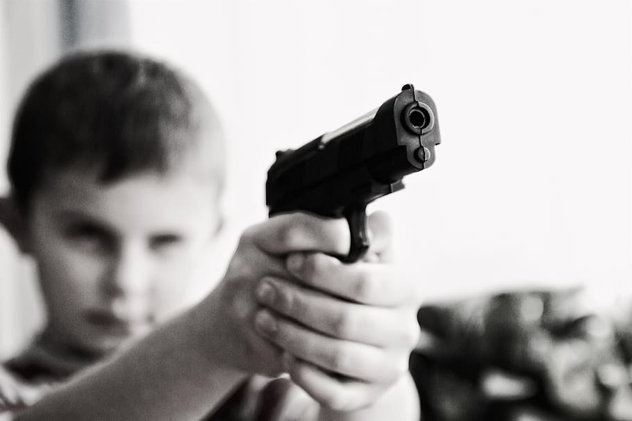 boy, holding, black, semi-automatic, pistol, weapon, violence, children, child, danger